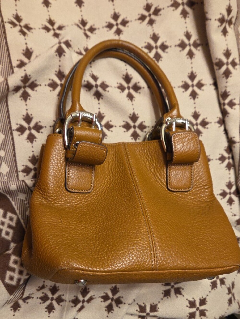 Tignanello Tan Pebbled Leather Bag with Chain-Print Lining